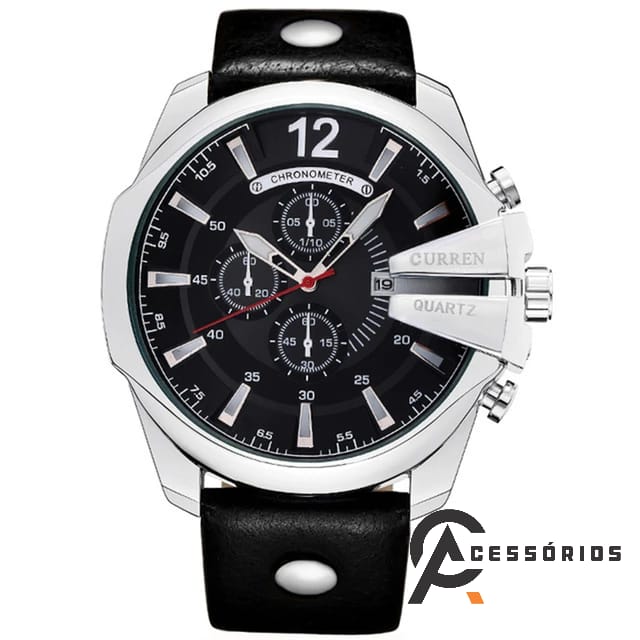 Relógio Curren PRETO/PRATA Quartz Couro