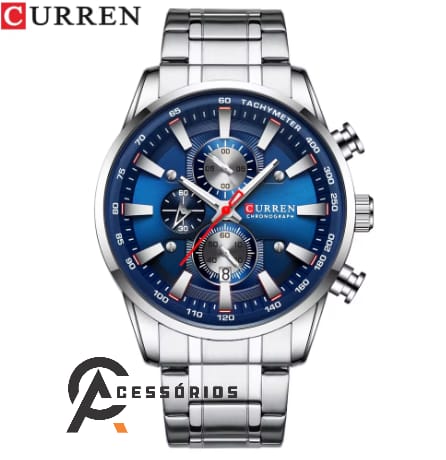 Relógio Curren PRATA/AZUL LUXO Aço Inoxidável