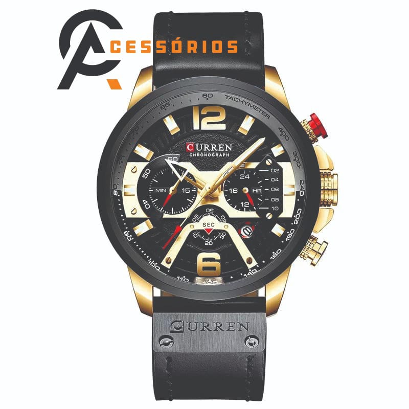 Relógio Curren PRETO/DOURADO Couro Legítimo e Costurado